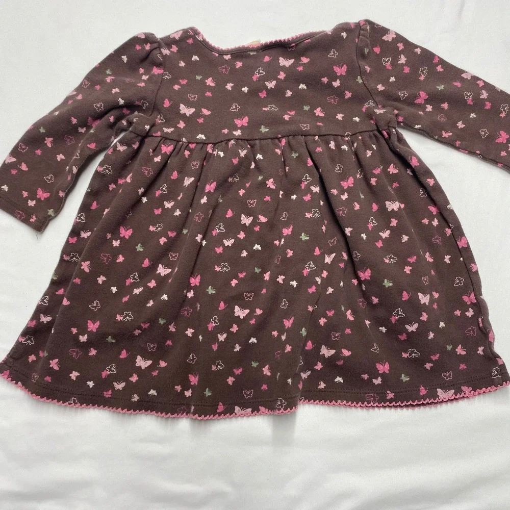 OshKosh Bgosh Baby Girls Brown Pink Butterfly Long Sleeve Cotton Dress 12M
